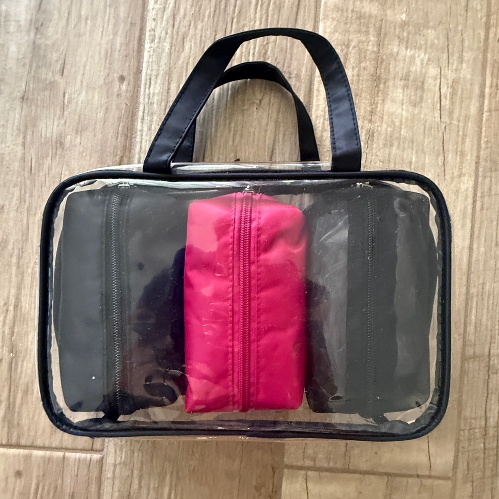 4 Piece Clear Cosmetic Travel Bag Set with Black and Pink Interior‎ Pouches